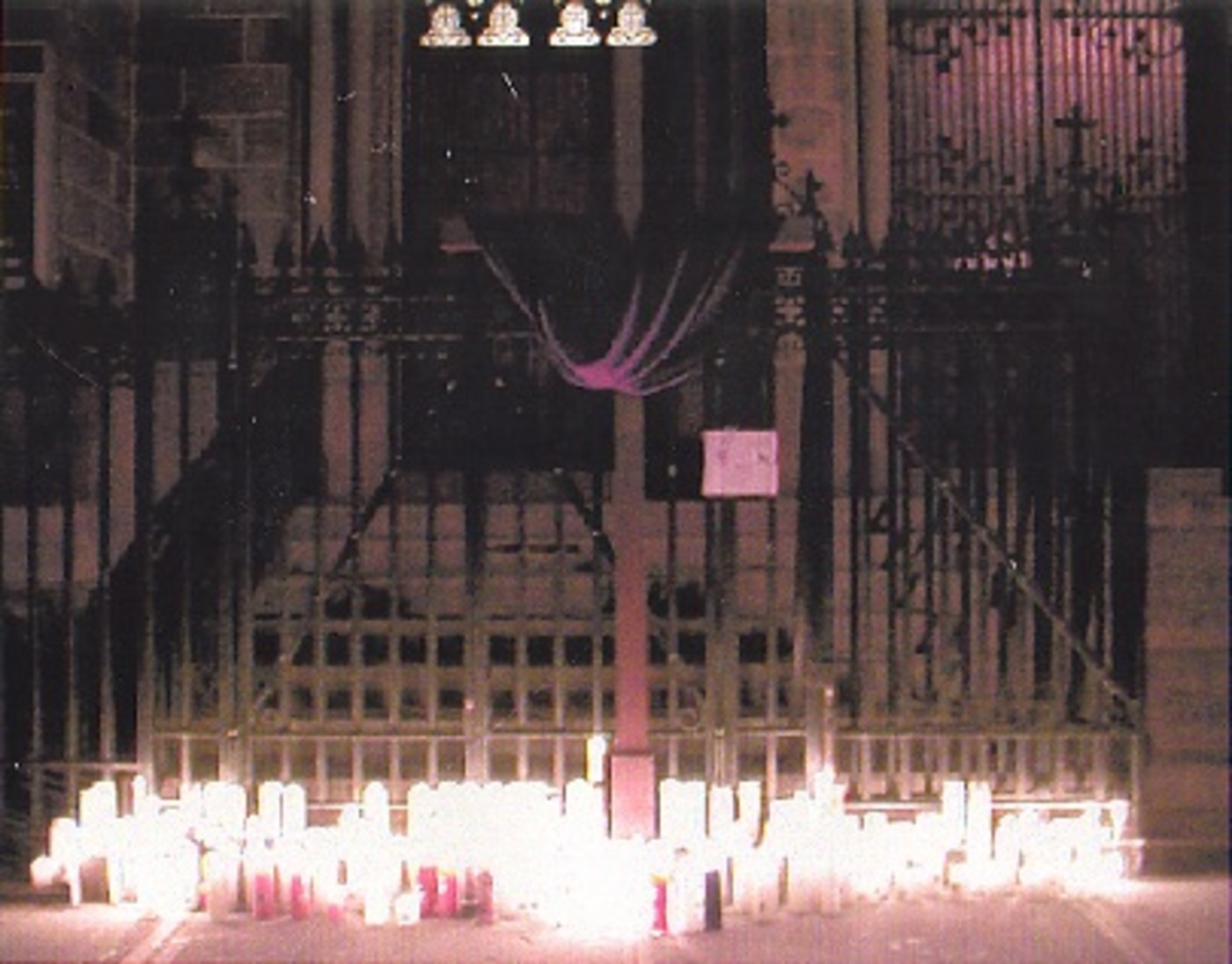 A temporary shrine of lighted candles in memory of those who died on September 11, 2001. 